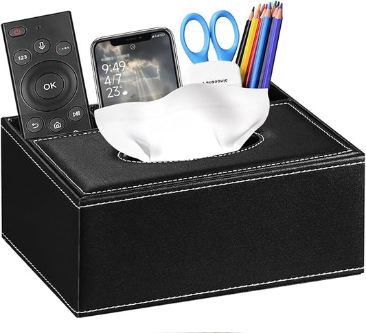Leather Tissue Box Cover Rectangle,Compatible with Kleenex Box Covers,Facial Tissue Box Holder with Remote Control Holder,Decorative Nighstand Organizer,Tissue Dispenser for Bathroom Black