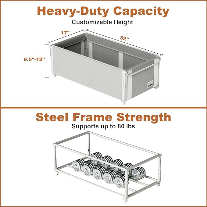 2Pack Under Bed Storage with Wheels,9.5"-12"Tall Adjustable Height Underbed Storage,Deep Under Bed Storage Containers,Rolling Under Bed Clothes Storage,Metal Under Bed Drawers for Shoes,Blankets,Toys