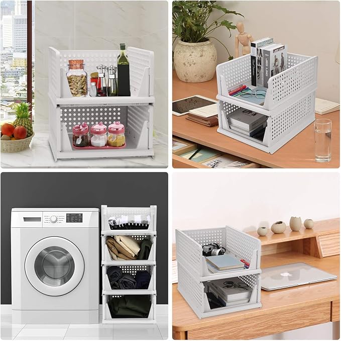 Phyllia 4 Pack Closet Organizers Stackable Storage Bins, Plastic Collapsible Drawer Basket for Kitchen Cabinets, Pantry, Offices, Bedrooms, Bathrooms,White