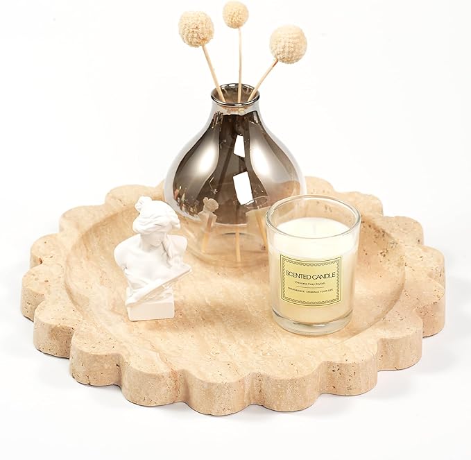 Travertine Scalloped Marble Tray - 9.9 Inch Round Stone Decorative Perfume Trinket Jewelry Dish, Catchall Organizer for Bathroom Vanity Dresser Kitchen Countertop Home Decor