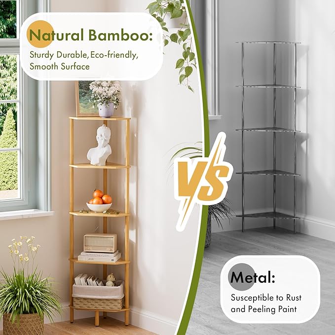 Corner Shelf, 5 Tier Bamboo Corner Bookshelf, 54" Tall Narrow Bookcase, Plant Stand, Corner Display Rack, Shower Caddy, Display Standing Shelf Organizer for Bedroom, Living Room, Kitchen, Home Office