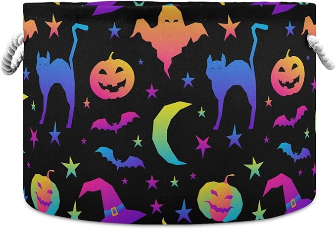 visesunny Halloween Pumpkin Cat Bat Ghost Witch Hat Collapsible Large Capacity Basket Storage Bin with Durable Cotton Handles, Home Organizer Solution for Office, Bedroom, Closet, Toys, Laundry