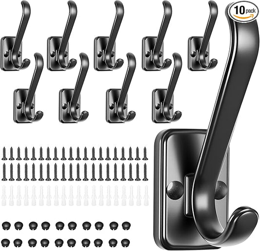 Coat Hooks Wall Mount Heavy Duty - Metal Towel Hooks With Concealed Screw Design Matte Black Wall Hooks for Hanging Towel, Key, Robe, Scarf, Garage Entryway Closet Mudroom Bathroom (10, Black)