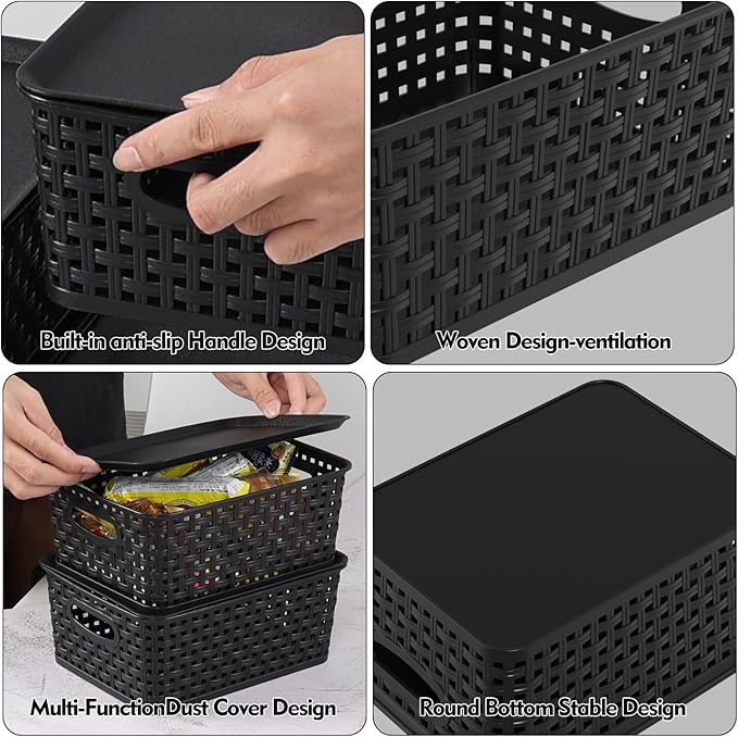 6 Pack Plastic Storage Baskets Bins with Lid, Stackable Lidded Storage Containers for Organizing, Black