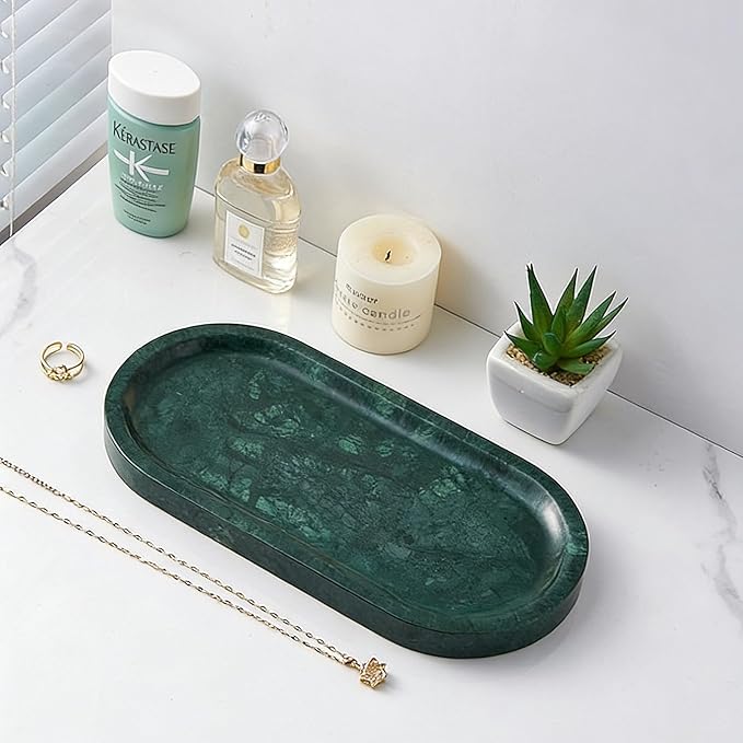 Natural Marble Tray, Green Stone Tray, Vanity Decorative Tray for Countertop, Catchall for Perfume, Candles, Skincare, Jewelry Dish, Bathroom Tray, Hotel Supplies