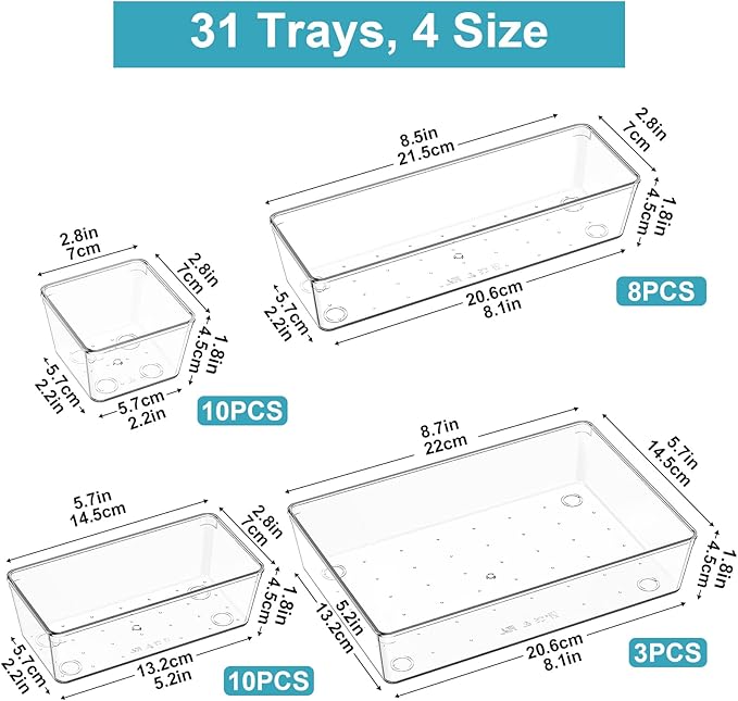 31-Piece Transparent Plastic Drawer Organizer Set for Kitchen, Bathroom, Makeup, Desk