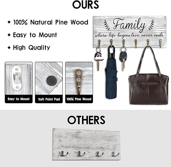 AHYS Key Holder Wall Mount Rustic Wooden Key Rack with 6 Hooks for Farmhouse Home Entryway Living Room Decor - Light Grey