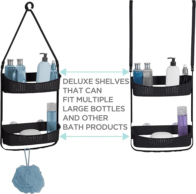 Bath Bliss 2 Way Convertible Bathroom Shower Caddy | Adjustable Mounting Arms | Loofah & Razor Hooks | Storage & Organization | Rust Resistant | Large and Small Bottles | Matte Black