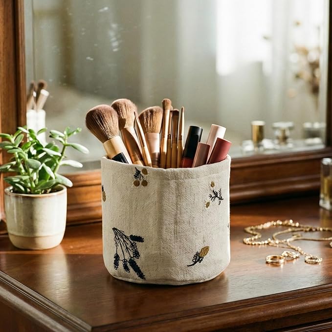 HAUSFRAU Storage Baskets Bins Makeup Organizer, Decorative Round Keys Basket for Desk, Shelves, Tabletop, Gift for mom, wife, girlfriend, 6" Embroidered Jacquard Box Lavender