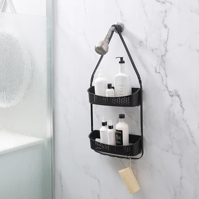 Bath Bliss 2 Way Convertible Bathroom Shower Caddy | Adjustable Mounting Arms | Loofah & Razor Hooks | Storage & Organization | Rust Resistant | Large and Small Bottles | Matte Black