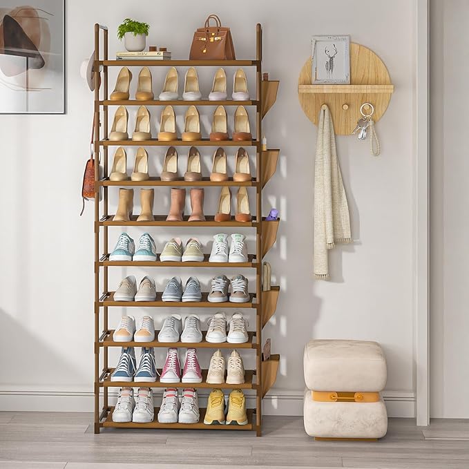 Tall Shoe Rack - 10 Tier Organizer for Closet, 30-35 Pairs, Large Capacity with 5 Hooks and Side Pocket, Sturdy Metal Shoe Shelf, Vertical Shoe Stand Tower