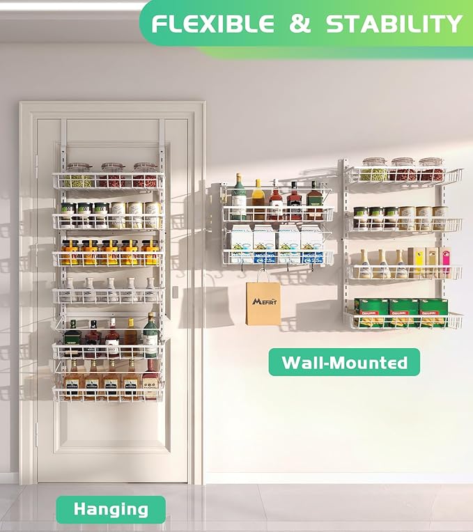 Over The Door Pantry Organizer, Wall Mount Spice Rack, Pantry Hanging Storage and Organization, 6 Adjustable Baskets Heavy-Duty Metal for Home & Kitchen, Back of Door Seasoning Rack - White
