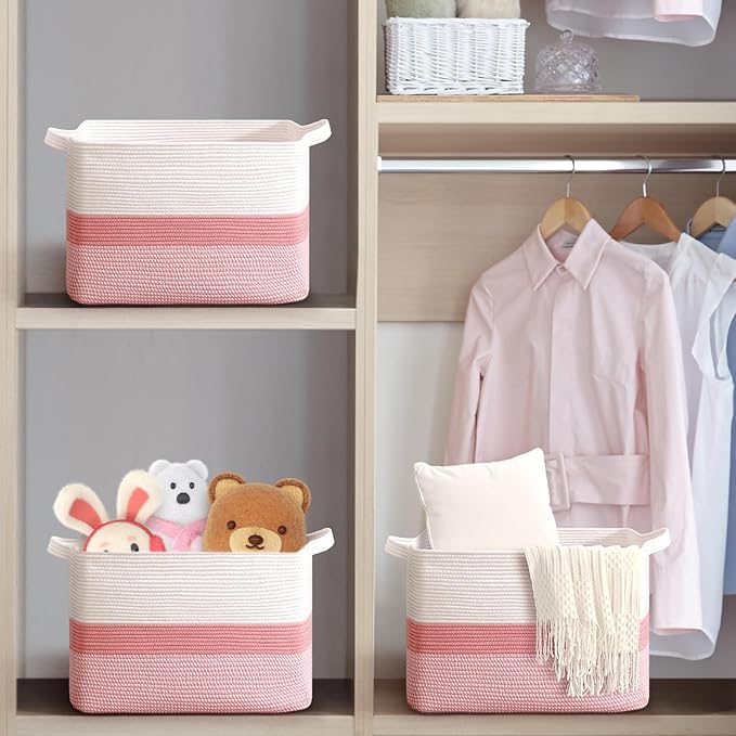 CLHMILY&Z Stylish Square Cotton Rope Storage Basket (Pink & White, 85L)