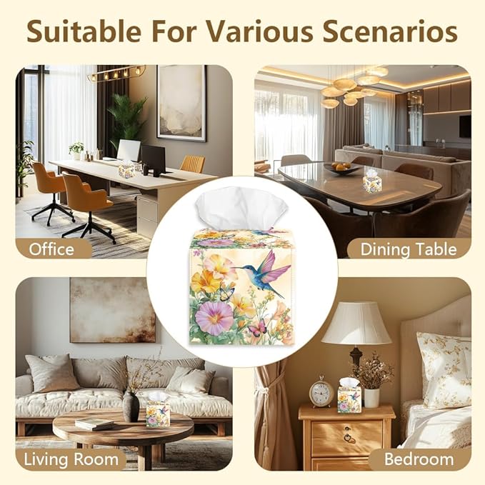 Flowers Tissue Box Holder, Hummingbird Square Tissue Box Cover Foldable Tissue Storage Box Waterproof Paper Towel Case Container Organizer Tissue Box Holder for Bedroom Office Bathroom Car