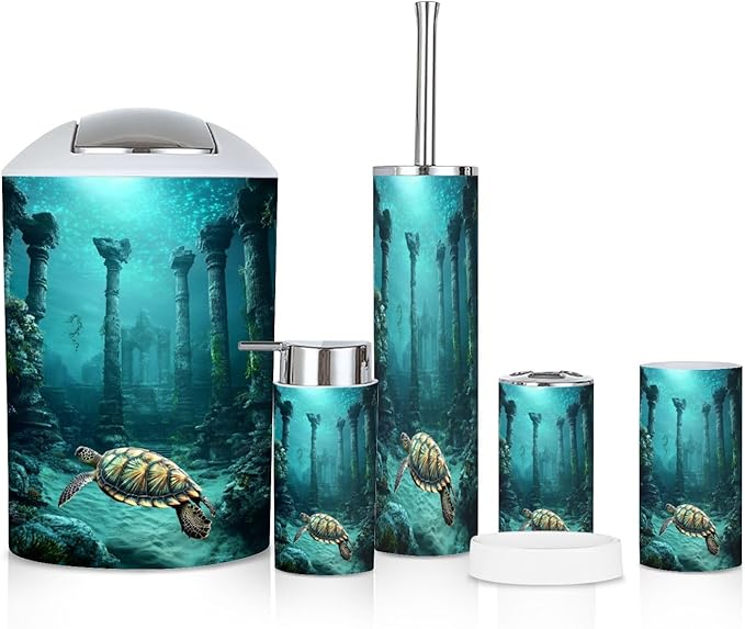 6 Piece Bathroom Accessories Set Bioluminescent Sea Turtle Underwater Surrealism Trash can Toilet Brush Holder Toothbrush Holder Toothbrush Cup Soap Dispenser Soap Dish for Home