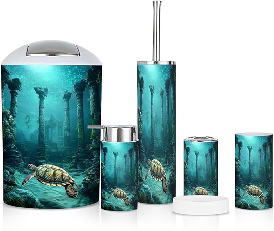 6 Piece Bathroom Accessories Set Bioluminescent Sea Turtle Underwater Surrealism Trash can Toilet Brush Holder Toothbrush Holder Toothbrush Cup Soap Dispenser Soap Dish for Home