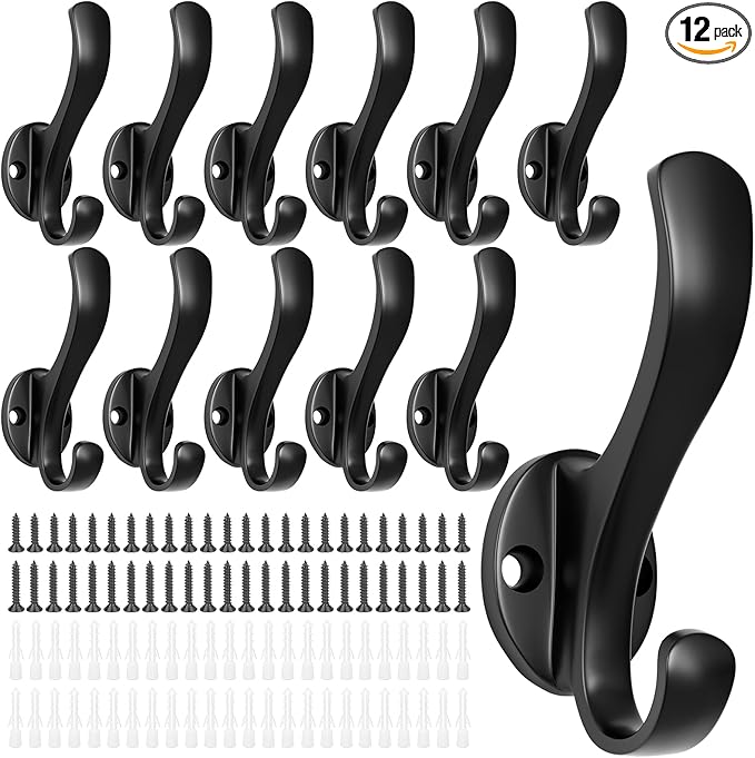 Coat Hooks Heavy Duty - Easy to Install Metal Towel Hooks Screw-in Wall Hooks for Hanging Hat, Towel, Key, Robe, Scarf, Bag, Cap (12, Black)