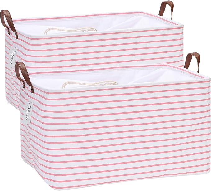 Hinwo 2-Pack Extra Large Canvas Fabric Storage Baskets with Handles, 70L Oversized Storage Bins, Collapsible Storage Box, Clothes, Toys, Blankets Organizers, 22 x 15 x 13 inches, (Pink Stripe)