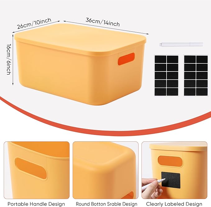Plastic Storage Bins with Lid, Stackable Storage Containers for Organizing, Decorative Storage Baskets for Shelves Living Room Playroom Classroom Office (Medium 2PCS (Yellow+Orange))