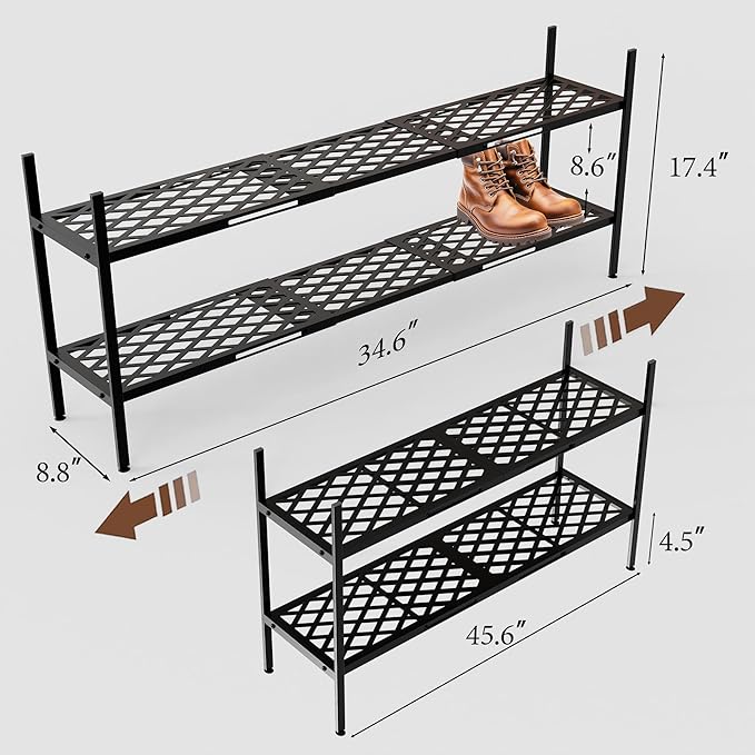 Shoe Rack, Expandable Shoes Organizer Metal Shelf Stand, 2 Tier Stackable Long Shoe Storage Holder For Closet, Floor, Entryway, Garage, Bedroom, Door Entrance For 12-18 Pairs, 45.6 inches Black