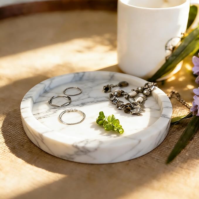 Natural Marble Tray, Round White Tray for Bedroom/Bathroom/Kitchen/Vanity Countertop, Jewelry Tray for Rings Earrings Necklace Bracelet Watch, Room Decor Aesthetic