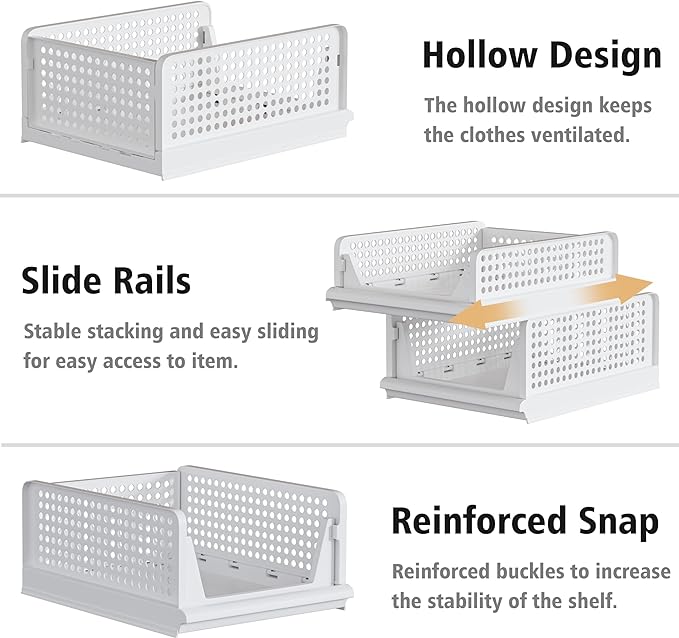 Proarea 5 Pack Stackable Storage Bins, Foldable Closet Organizer Baskets, Plastic Drawer Bins for Closet Organization, Wardrobe Shelf, Laundry Room, White