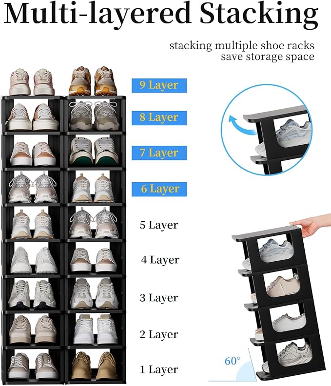 HAIXIN Shoe Organizer Rack for Small Spaces 5 Tier Plastic Vertical Narrow Shelves for Closet Black Shoe Holder, Stand for Entryway Storage Boots Organizer Stackable Cabinet (Pack of 2)
