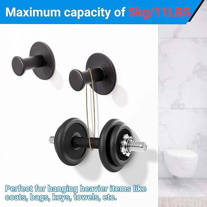 SAYAYO Self Adhesive Hooks for Hanging, Coat Hooks Wall Mount Matte Black Towel Hook for Bathrooms, Stick on Hook SUS304 Stainless Steel, 4pcs