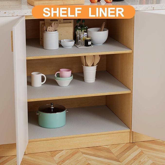 FLPMIX Kitchen Cabinet Shelf Liner: Waterproof Drawer Liner 12"x 120" - Easy to Cut Non-Adhesive Cupboard Mat for Kitchen Bathroom Pantry Shelves Light Gray