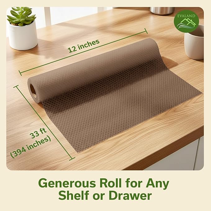 EVALAND Shelf Liners for Kitchen Cabinets Non-Adhesive 12" x 33 FT Beige Drawer Liner Non Slip, Washable Cabinet Liner, Waterproof Shelf Liners for Cabinets, Refrigerator Bathroom Pantry - Thickened