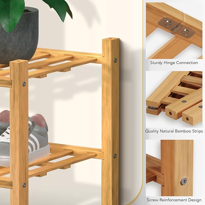 Haddockway Large 2 Tier Bamboo Shoe Rack Storage Organizer, Multifunctional Free Standing Stackable Shoe Shelf with Grid Panel for Closet,Hallway,Entryway,Small Space 27"x12"x14"