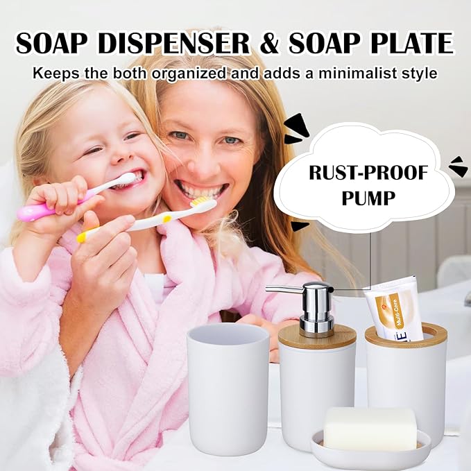 iMucci Bathroom Accessories Set with Trash Can,Toilet Brush,Toothbrush Holder, Lotion Soap Dispenser, Soap Dish,Toothbrush Cup,Qtip Holder(8Pcs White Wood Cover)