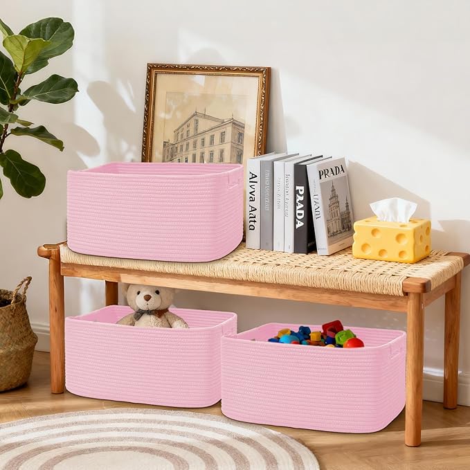 4 Pack Large Storage Basket for Organizing, 17.5"x13.5"x7.5" Woven Basket for Shelves, Closet Cube Storage Bins with Wrapped Handle, Cotton Rope Baskets for Kitchen, Clothes, Toys(Light Pink)