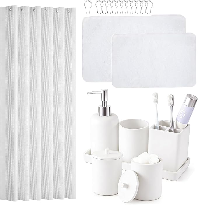 21 Pcs Bathroom Accessory Set with Waterproof Shower Curtain and Non Slip Mat,Resin Bath Set with Toothbrush Holder and Lotion Soap Dispenser,Bathroom Countertop Organizer Set for Home Apartment