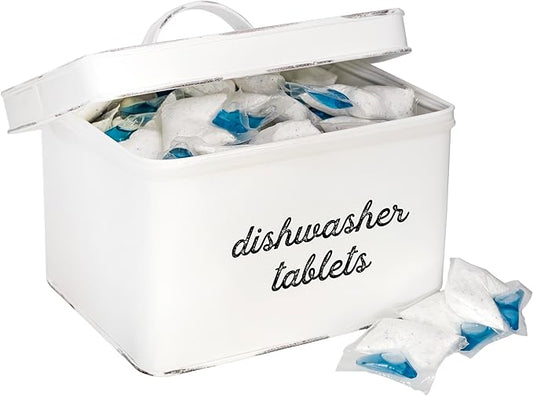AuldHome Design Dishwasher Pod Holder, Tablet Container; White Enamelware Rustic Kitchen Storage Tin w/Lid