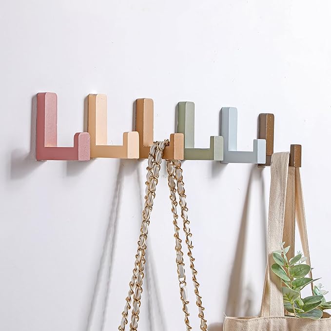 6 Pack Cute Kids Coat Wall Hooks Wooden Adhesive Decorative Colorful Wall Mounted Hangers Backpack Hooks for Hanging Keys Towel Clothes Bathroom Organization(Bohemian Color)