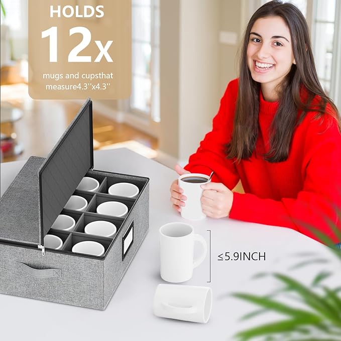 homyfort Coffee Mug Storage Box Organizer with Dividers, China Tea Cup Storage Containers Hard Shell, Service for 24 Coffee Mugs or Tea Cups (Grey)