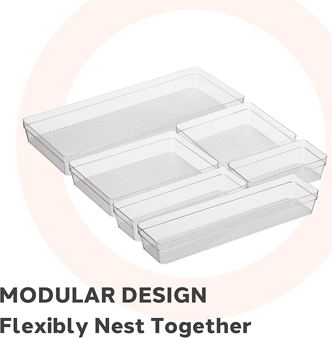 Oggi Clear Drawer Organizer - 3" X 12.5" (Set of 6) - Ideal for Organizing Kitchen Drawers, Office, Desk, Silverware, Kitchen Utensils, Cosmetics and Bathrooms