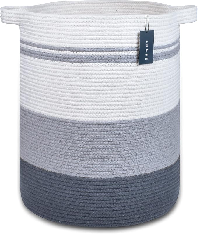 COMSE Extra Large Blanket Basket, Tall Laundry Basket, Nursery Hamper, 15.7âx 21.7â, Cotton Rope Woven Laundry Hamper for Storage Toys Clothes Towels, Gradient Gray