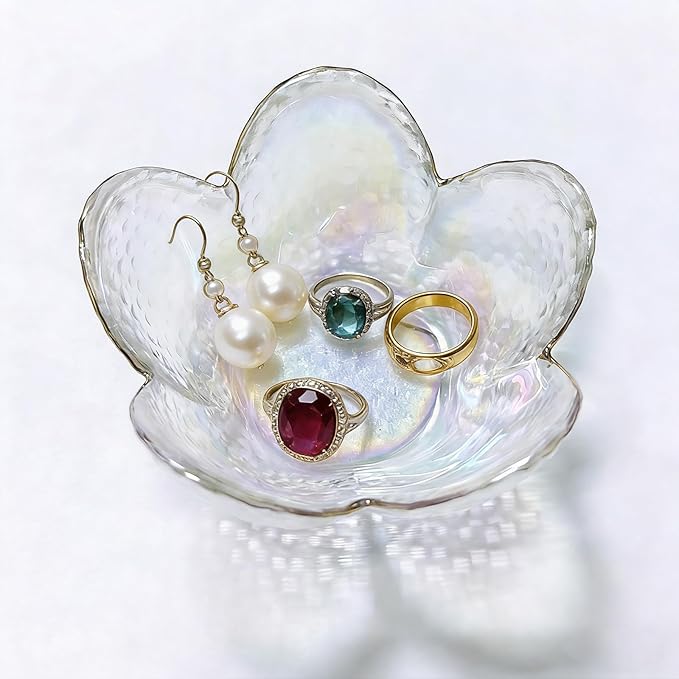 Flower Ring Dish Jewelry Tray, Glass Jewelry Dish Tray, Aesthetic Room Decor Small Trinket Dish, Nightstand Jewlery Ring Holder Dish, Bathroom Jewelry Plate Bowl for Rings Earrings Gift (White)