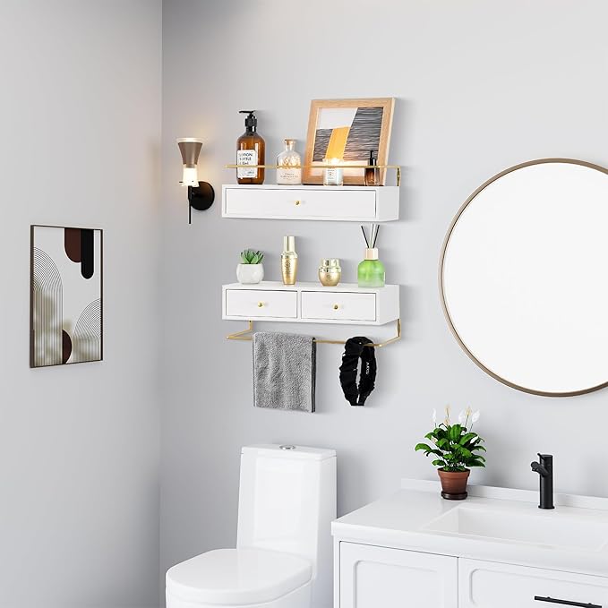 Floating Shelves With Drawers Set of 2 - Wall Mounted Storage for Bathroom, Living Room, Kitchen - Rustic Wood Wall Decor for Plants, Books