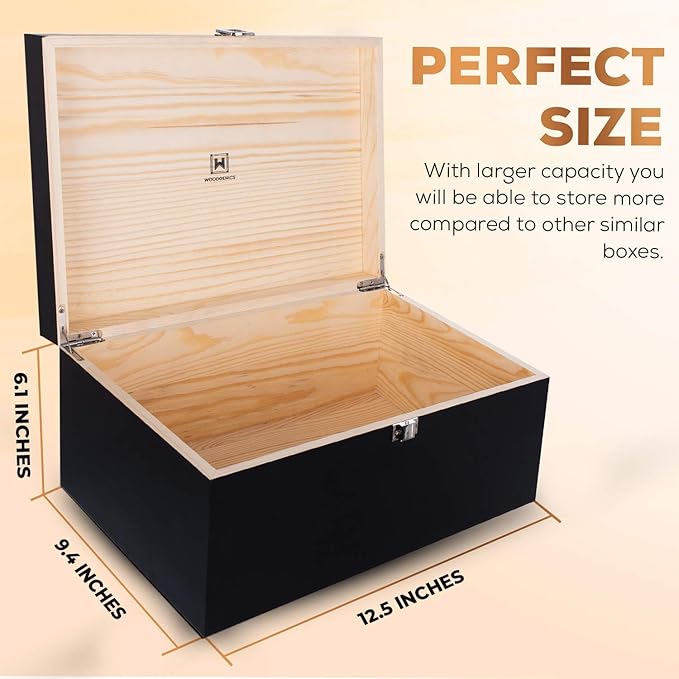 Wooden Gift Boxes - Large Memory Box For Keepsakes, Decorative Boxes With Lids, Wooden Box With Hinged Lid, Black Box, Wood Boxes, Storage Box With Lid, Wooden Storage Box Wood Box With Lid