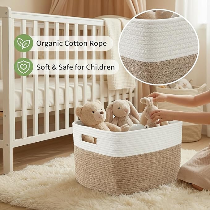 Woven Blanket Basket,65L Large Storage Bin for Blankets Toys Clothes,Decorative Rope Basket for Living Room Bedroom with Handles, White&Oatmeal