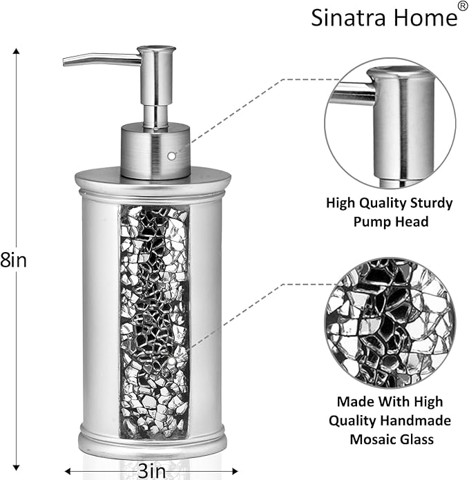 Zahari Home Sinatra Soap Dispenser/Lotion Pump Unique Design Bling Glass Mosaic Décor, Silver