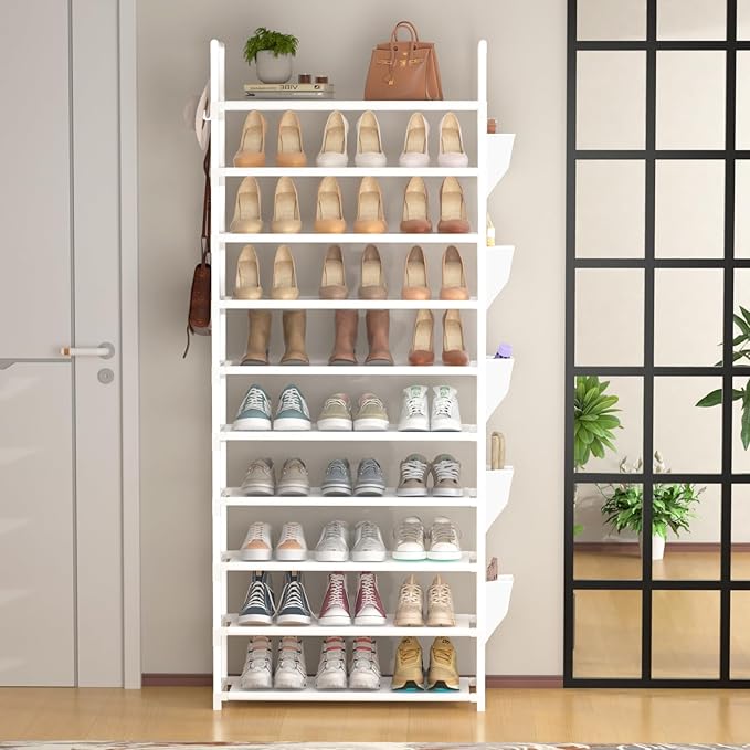 Tall Shoe Rack 10 Tier Shoe Racks Organizer for Closet 30-35Pairs,Large Capacity Storage Rack for Shoes with 5Hooks and Side Pocket,Sturdy Metal Shoe Shelf, Vertical Shoe Stand Tower