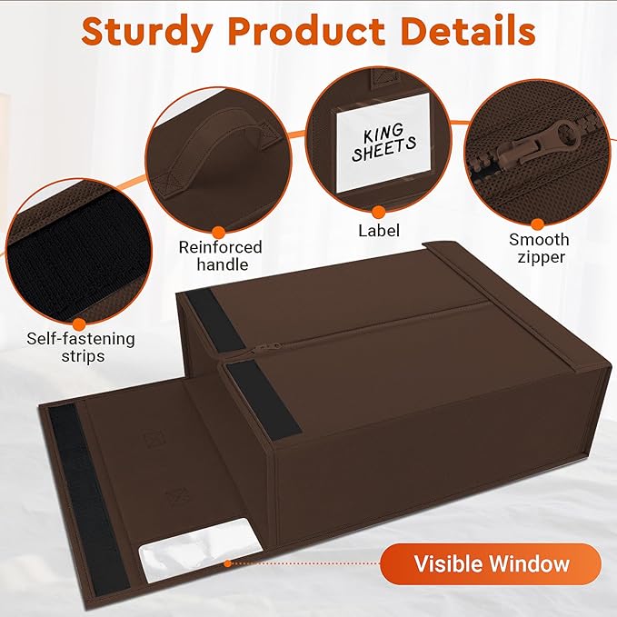 6 Pack Bed Sheet Closet Organizers and Storage,Sturdy Foldable Storage Containers with Window and Label,Storage and Organization for Bedding Sheets,Duvet Covers,Blankets (Brown)