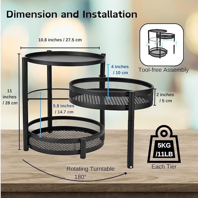 IBERG 3 Tier Spice Organizer with Rotating Middle Tier, Space Saving Kitchen Countertop Rack, Metal Pantry Organizer for Spices, Jars & Seasoning (Black)