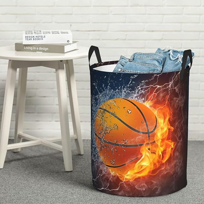 Sport Basketball Ball In Fire And Water Round Laundry Hamper Storage Basket Toys Clothes Organizer Bin For Home Bathroom Bedroom Dorm Nursery, 62l