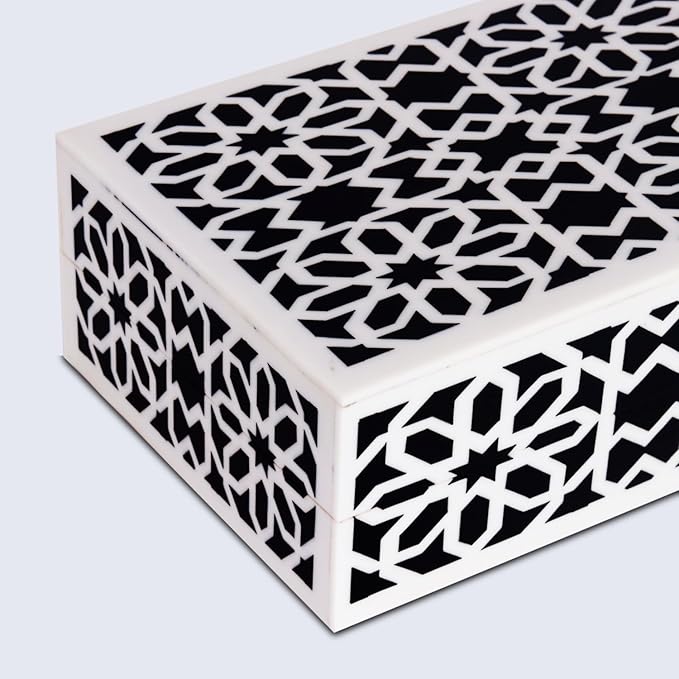 Handicrafts Home Decorative Storage Box with Lid–Black White Persian Mosaic Storage Box, Islamic Rosette Pattern Coffee Table Organizer, Keepsake Box for Living Room & Console Decor– Shiraz 10x4.5x2.5