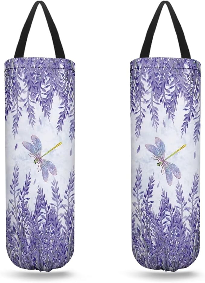 Purple Plastic Bag Holders Wall Mount Hanging Shopping Trash Bag Storage Organizer Grocery Bags 2PCS Hanging Plastic Bag Pouch,Lavender Dragonfly